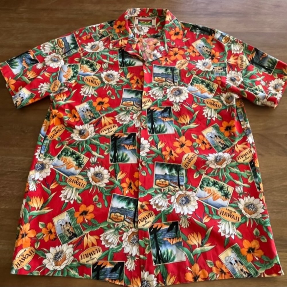 Vtg Banana Jack Honolulu Hawaiian Shirt Mens Large Floral All Over Print S/S Red